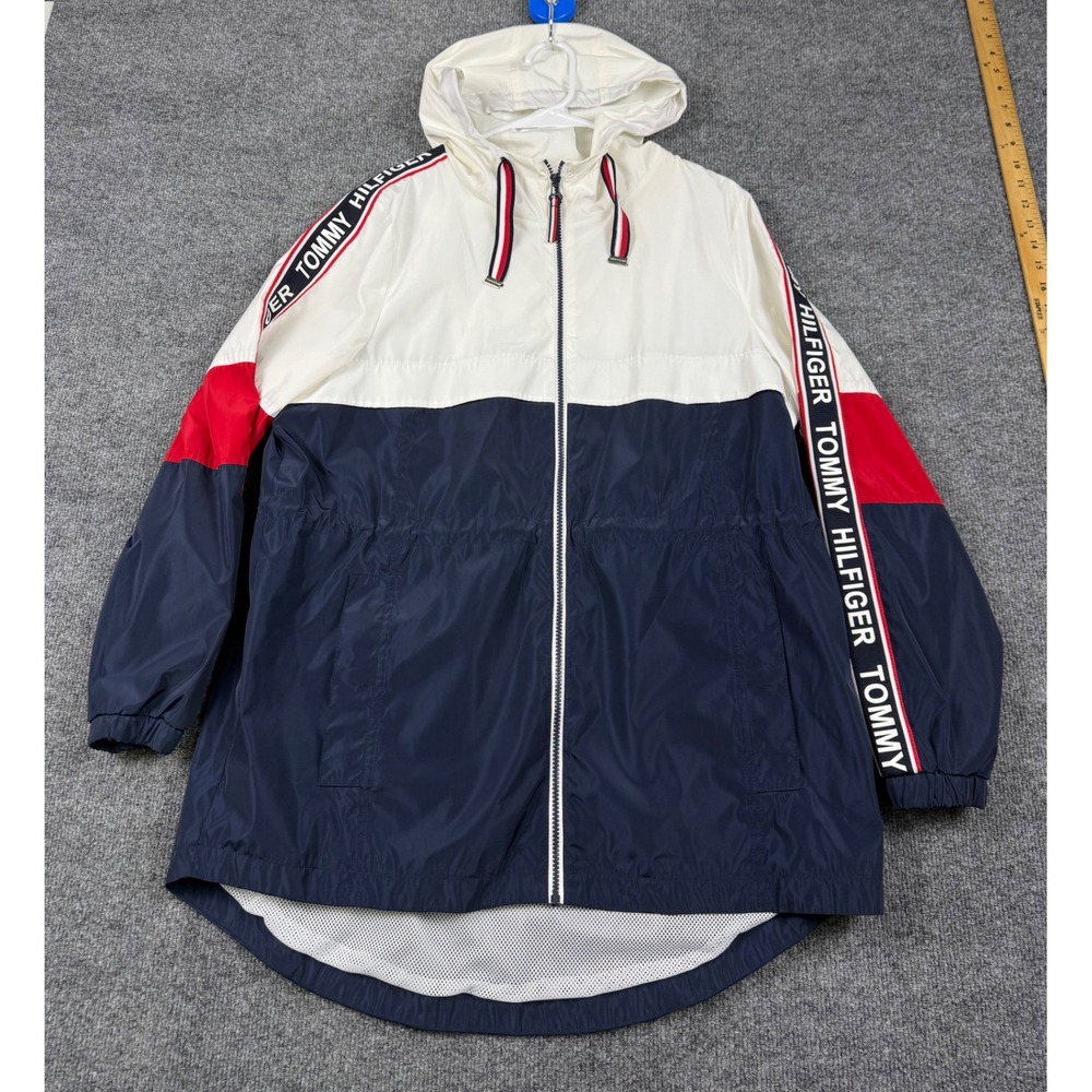 Tommy Hilfiger Womens Colorblock Windbreaker Hooded Jacket Navy White Red Size M
